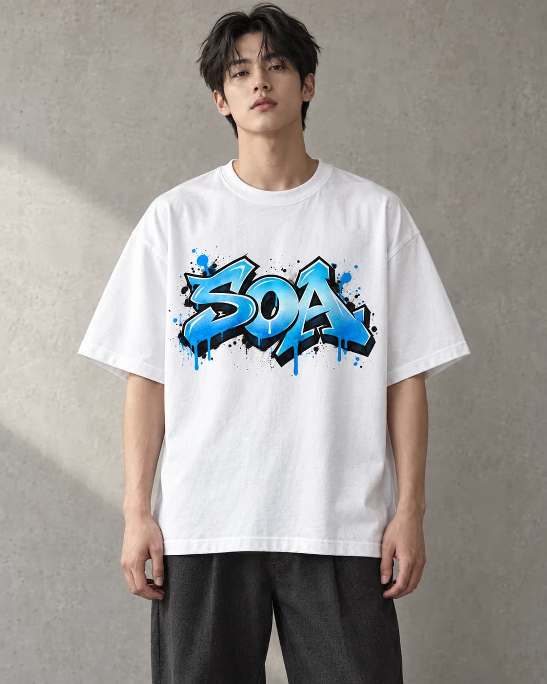 AI model styling of the white SOA Cyan Riot Tee