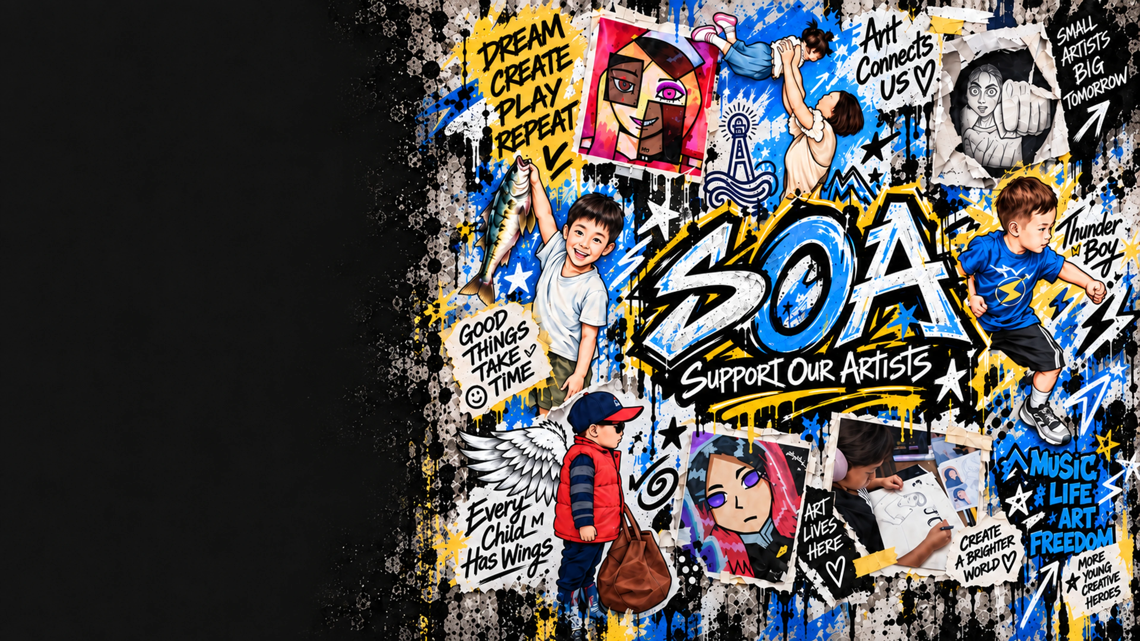 SOA graffiti collage in blue, yellow and black with young creators, torn artwork posters and Support Our Artists lettering